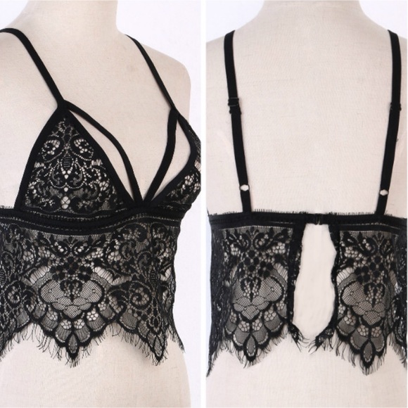 Sheer Eyelash Lace Strappy Crop Top Black & White - Picture 10 of 16